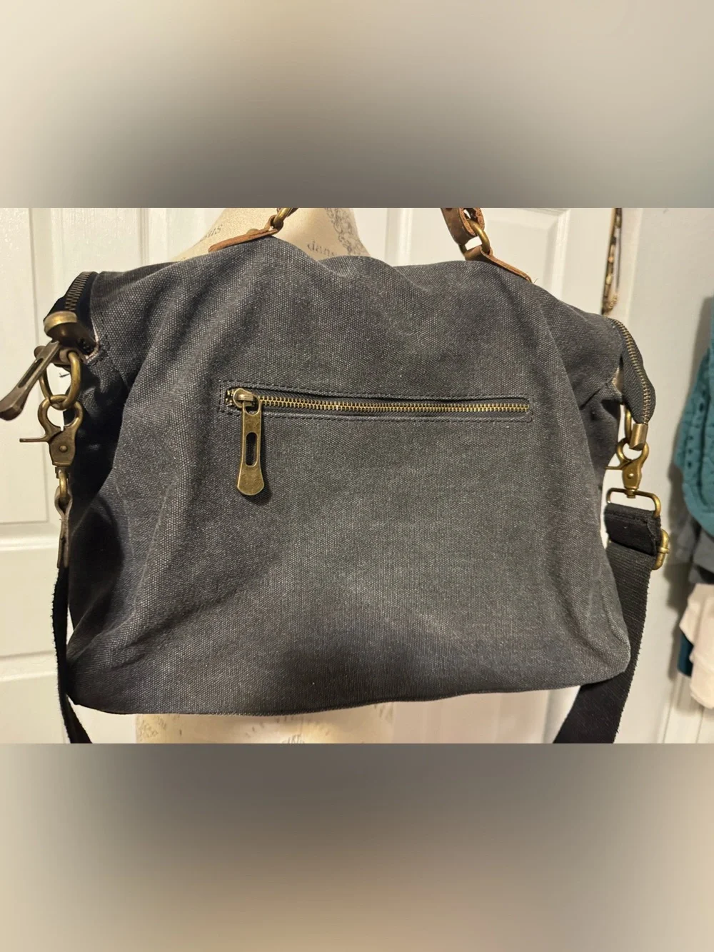 Canvas 3 in 1 Messenger Bag with Leather Trim - Navy Gray Heather Unisex